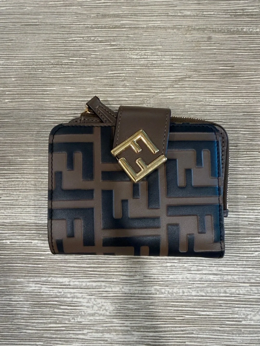 Fendi Brown and Black FF Logo Leather Zip Wallet with Gold Hardware - Picture 2 of 5